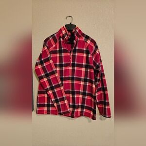 Eddie Bauer Red and Black Plaid Zip-Up Fleece Sweater